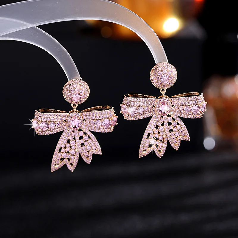 Pink Red Cubic Zirconia Bowknot Stud Earrings for Women S925 Silver Needle Valentine's Day Gift
