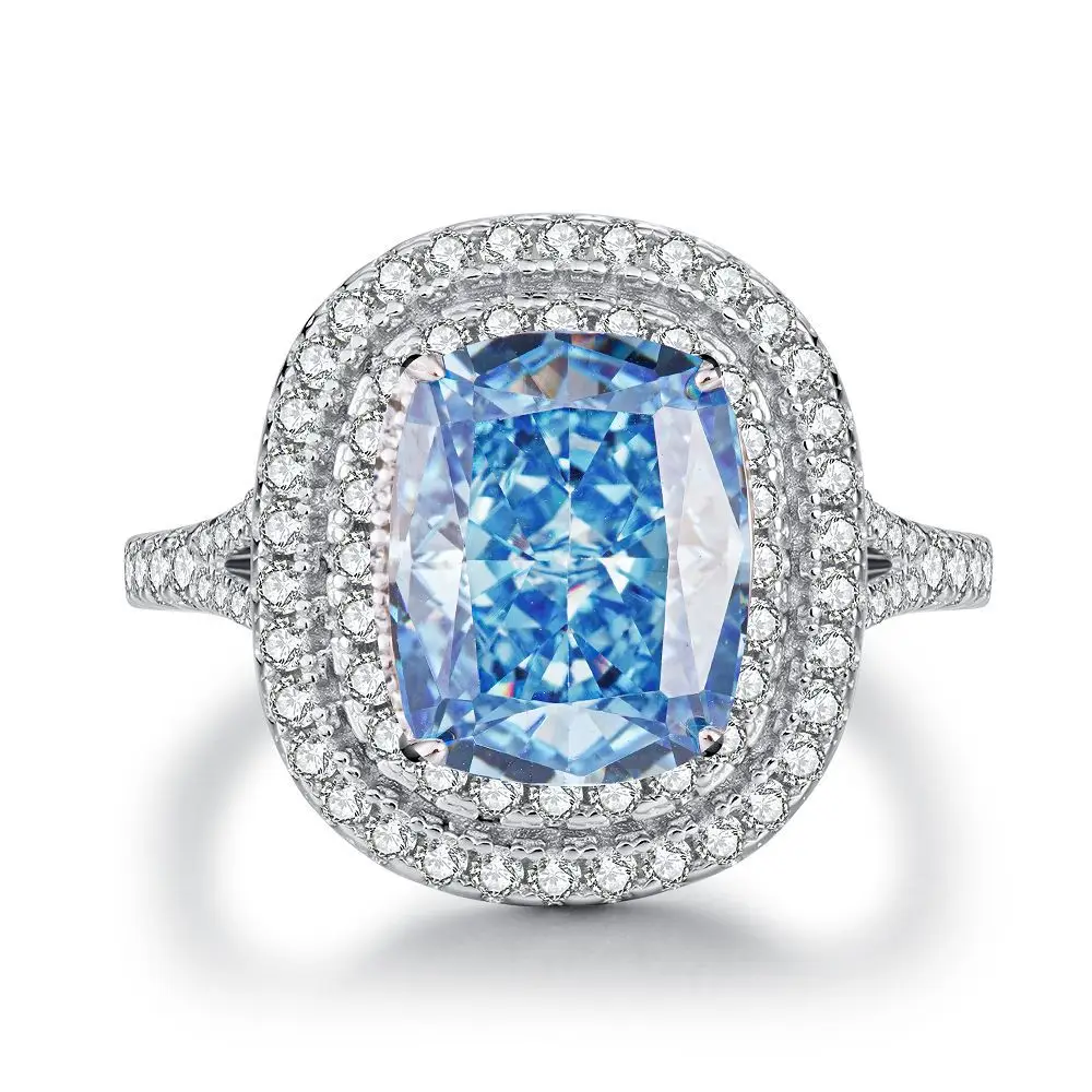 Oval Blue Gemstone Ring S925 Sterling Silver Fine Jewelry For Women Girl Emerald Cut  Lab Grown 5A Zircon High Carbon Diamond