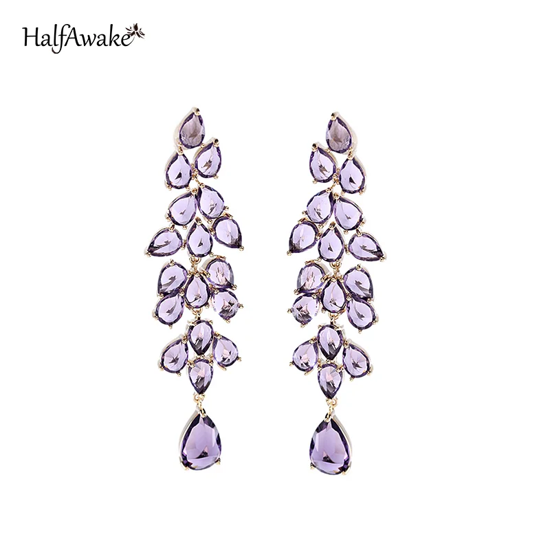 Fashion Tassel Green Purple Smart Leaf Zircon Earrings For Women Wedding Evening Dress Accessories Silver Plated Needle Jewelry