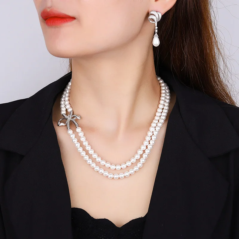 Elegant Artificial Pearl Luxury Jewelry Set For Women Bowknot Silver Alloy Necklace Earrings Popular Engagement Wedding