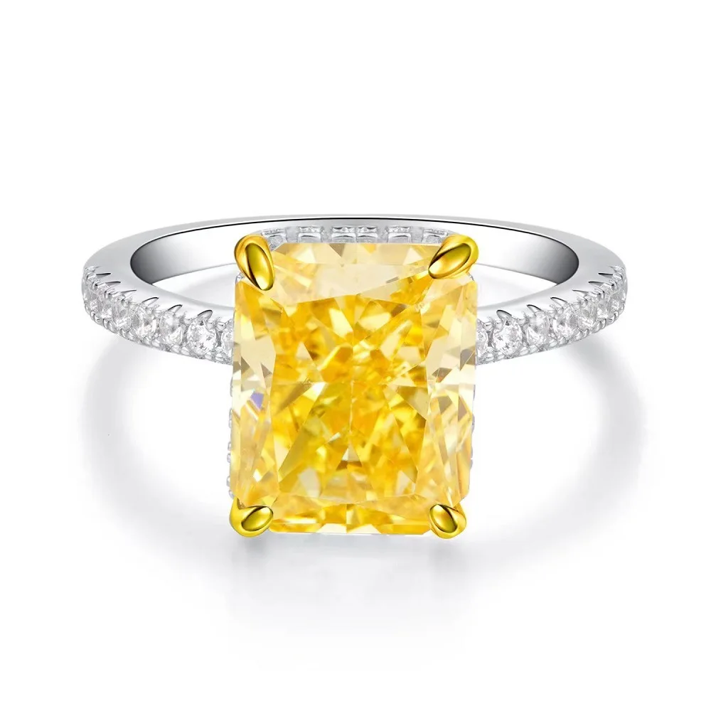Yellow 5A Zircon S925 Sterling Silver Square Radiant Cut Ring For Women Girl Ice Flowers Wedding Ring Luxury Fine Jewelry Gift