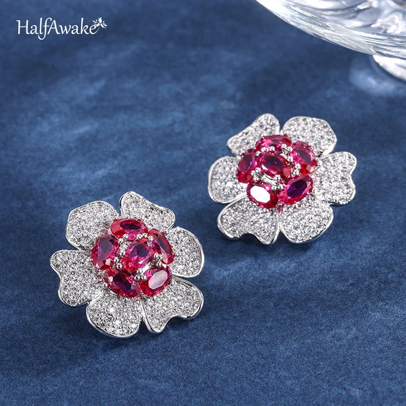 Exquisite Lab Created Ruby S925 Sterling Silver Flower Stud Earrings For Women Popular Luxury Jewelry Valentine's Day Gift