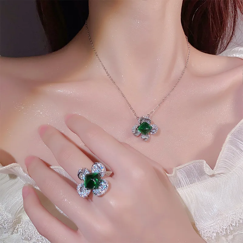 Jewelry Ruby Flower Emerald Necklace Crystal Zircon Necklace Ring Princess Temperament Jewelry Set For Women Gift Personality