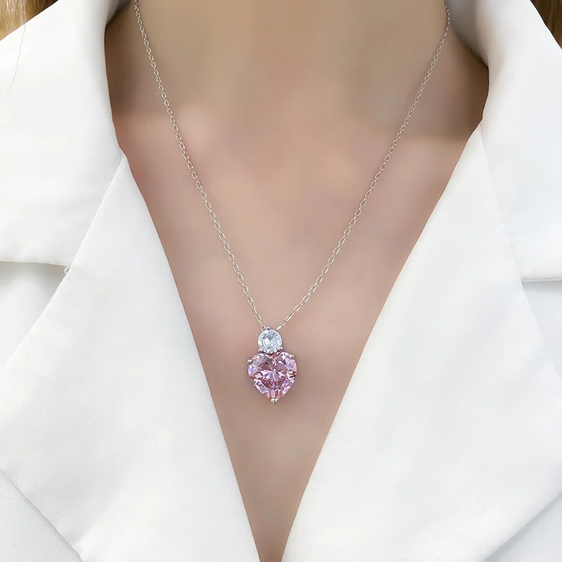 Romantic Pink Heart High Carbon Diamond S925 Silver Jewelry Set Pendant Necklace Earrings For Women Luxury Valentine's Day Gift