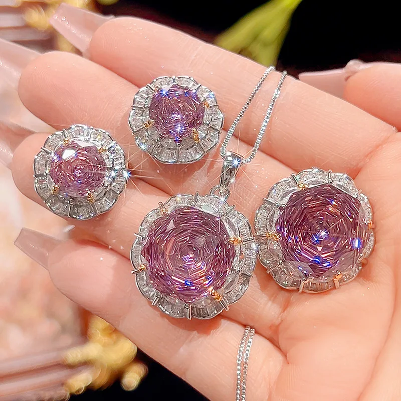 Rose Cut 16-10mm High Quality Zircon Dried Rose White Gold Plated Luxury Jewelry Set Party Gift Fashion Trendy