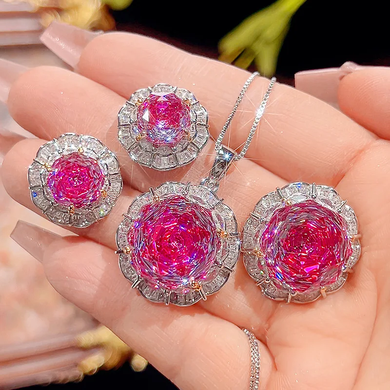 Rose Cut 16-10mm High Quality Zircon Dragon Fruit Color White Gold Plated Elegant Jewelry Set Party Fashion