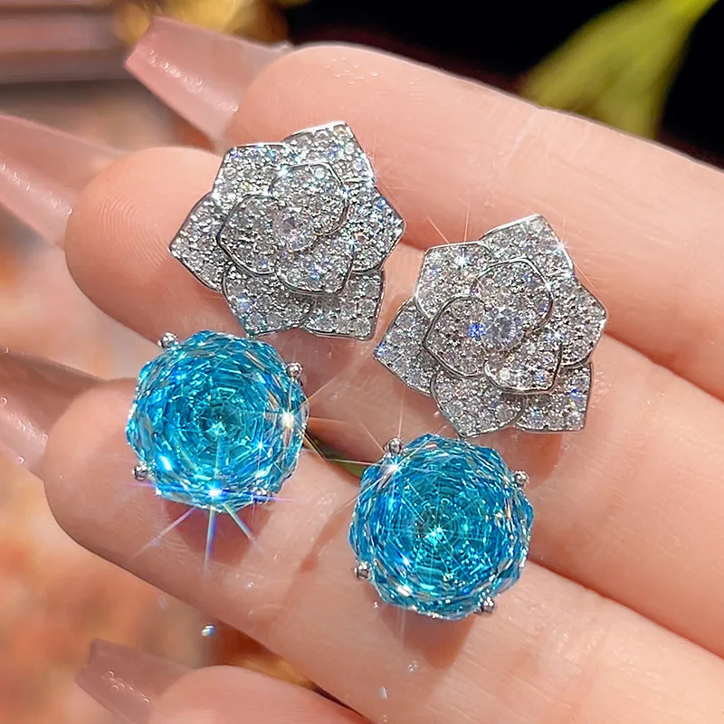 Rose Cut 12mm High Quality Zircon Aqua Petal White Gold Plated Pendant Jewelry Set Bridal Trendy Elegant