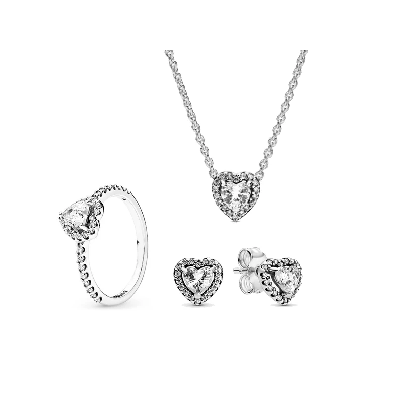 Copper Alloy Silver Plated Love Charm Necklace Ring Earrings Set Jewelry Dark Red Pink