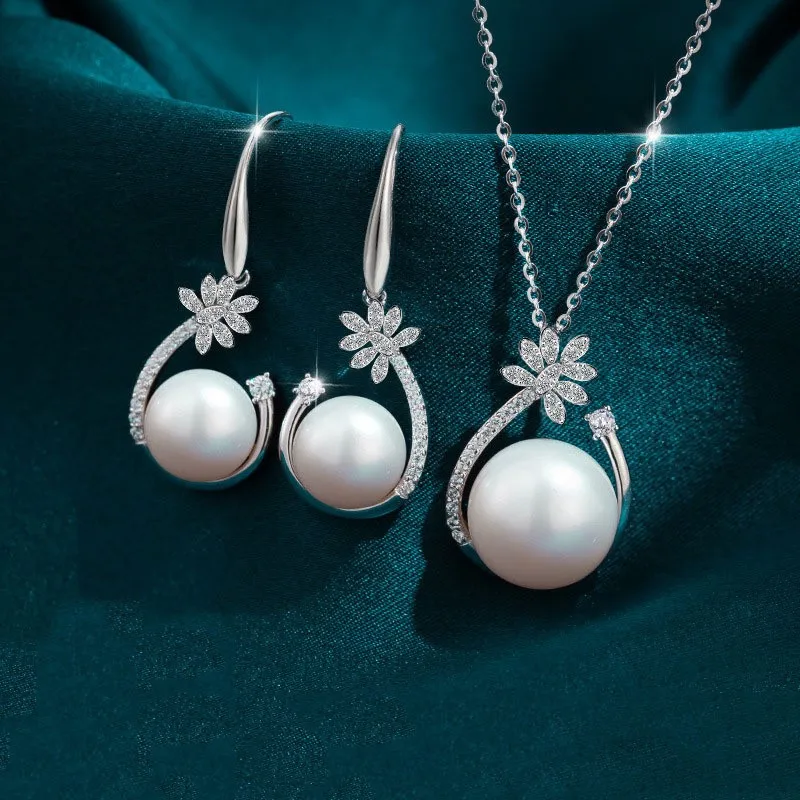 Artificial White Pearl Jewelry Set Zircon Drop Pendant Necklace Earrings For Women Popular Engagement Wedding Gift Girl
