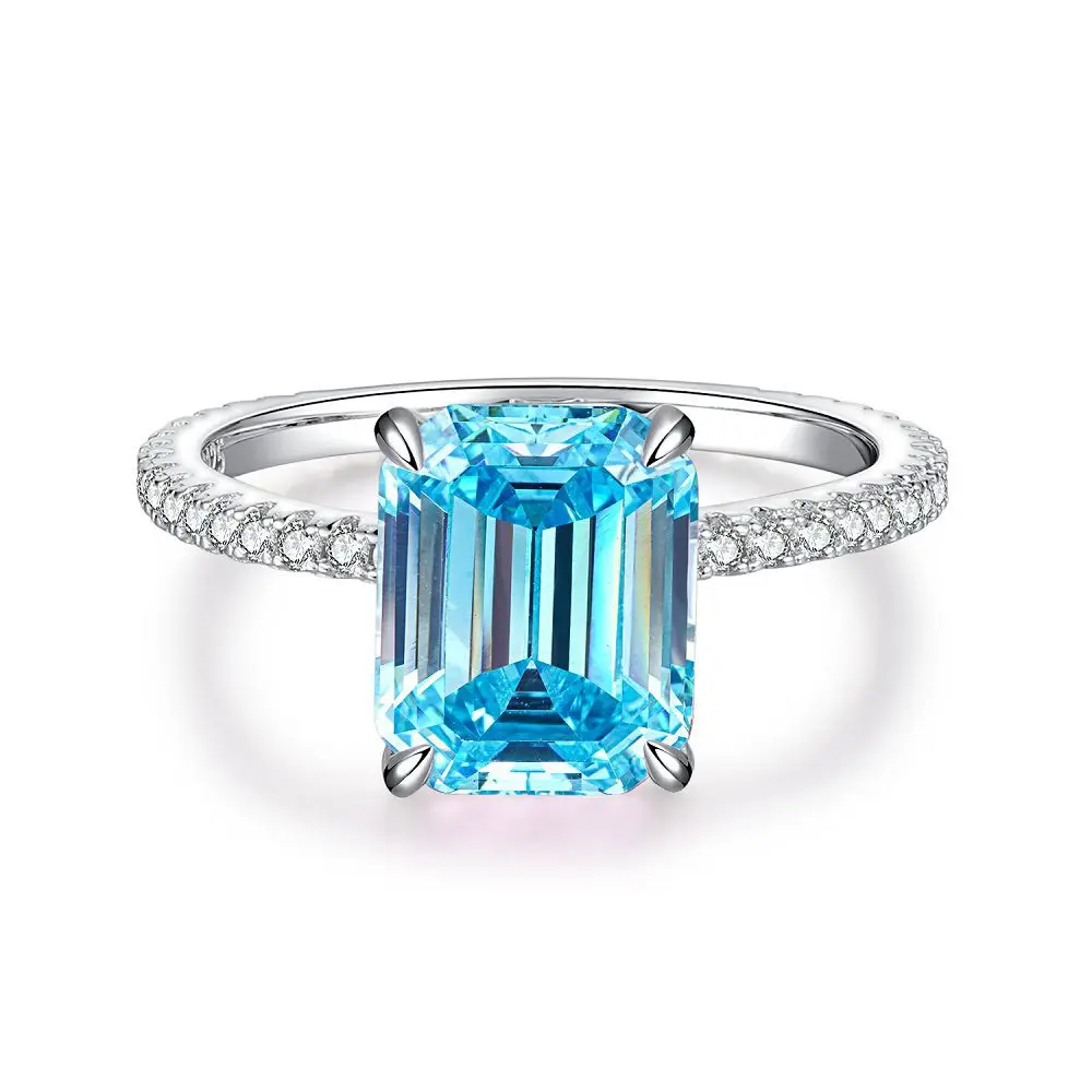 Oval Blue Gemstone Ring S925 Sterling Silver Fine Jewelry For Women Girl Emerald Cut  Lab Grown 5A Zircon High Carbon Diamond