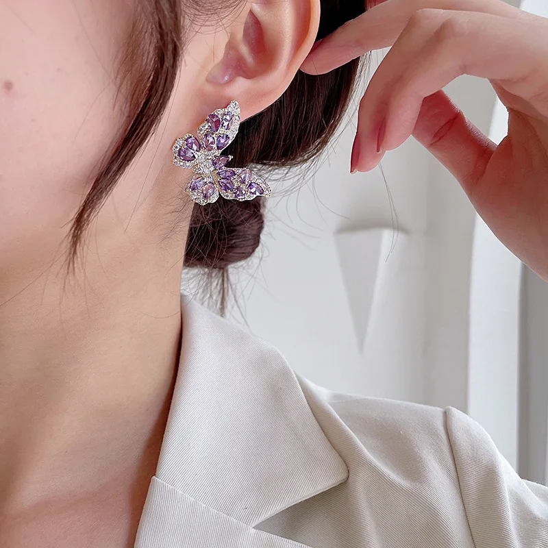 HQD Colorful Zircon Butterfly Earrings For Women Female Real Ag Needle Ear Piercing Party Stud Earrings Beautiful Jewelry