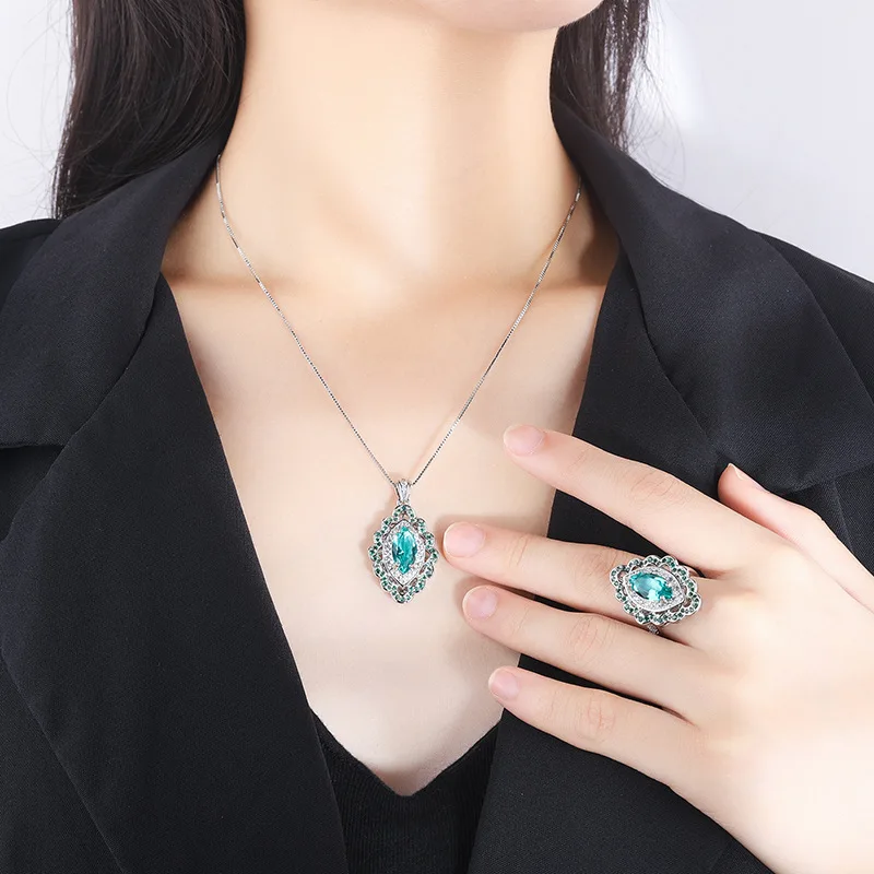 Elegant Marquise Cut Paraiba Tourmaline Vintage Jewelry Sets For Women Pendant Necklace Ring Popular Anniversary Gift Girl
