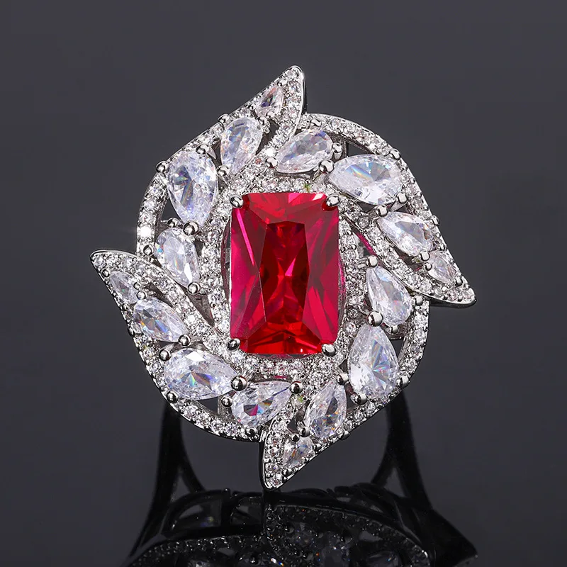 Rhinestones Jewelry Silver Luxury Woman New Ruby Tourmaline Ring Luxury Retro Earrings Temperament Necklace Sets For Women Gift