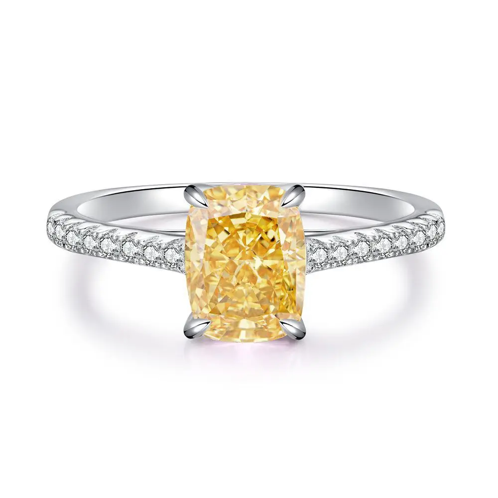 Yellow 5A Zircon S925 Sterling Silver Square Radiant Cut Ring For Women Girl Ice Flowers Wedding Ring Luxury Fine Jewelry Gift