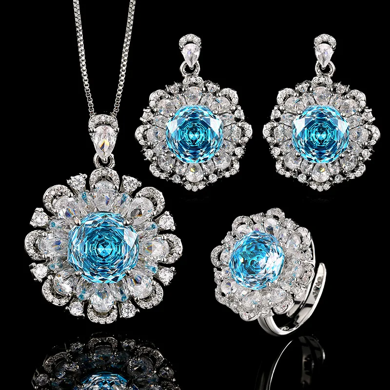 Millennium Cut 12-10mm Zircon Aqua White Gold Plated Blue Flower Big Necklace Earring Ring Jewelry Set Casual Fashion