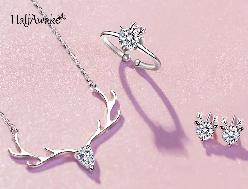 Delicate 925 Sterling Silver Jewelry Set Original Zircon Antler Elk Pendant Necklace Ring Earrings For Women Christmas Gift Gril