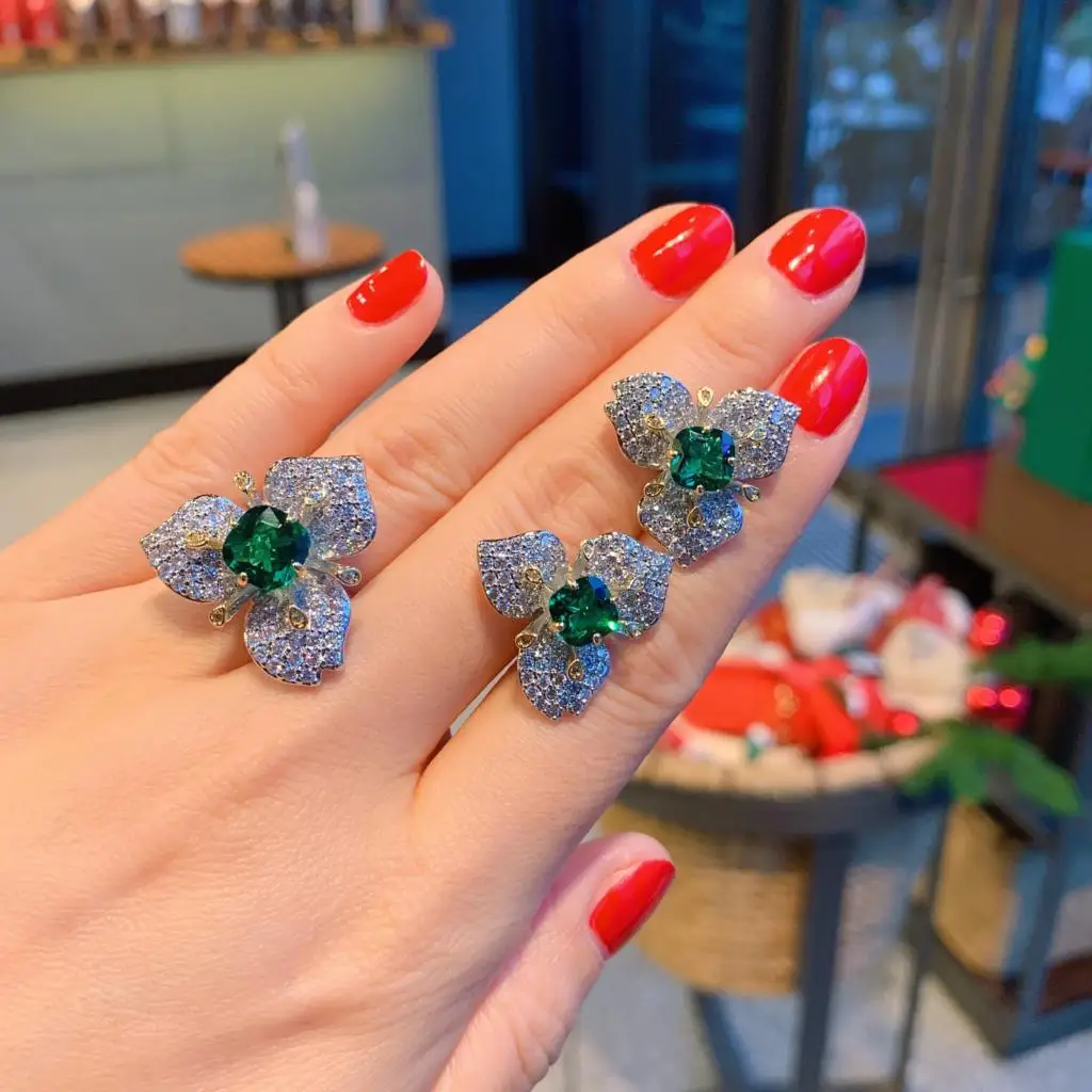 Sparkling Cubic Zirconia Lab Created Emerald Jewelry Set For Women Silver Alloy Ring Earrings Popular Anniversary Gift