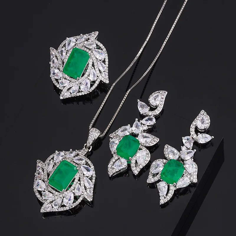 Emerald Natural Stone Rhinestones Zircon Earrings Luxury Ring Necklace Jewelry Sets For Women Charm 925 Jewelry Sets For Women