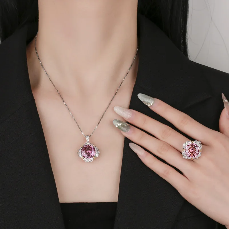 Rose Cut 14mm High Quality Zircon White Gold Plated Luxury Jewelry Set Stackable Wedding Anniversary Trendy
