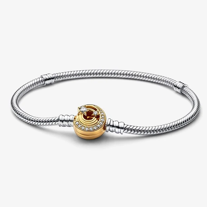 S925 Sterling Silver Jewelry Two-tone Logo T-bar Moments Heart Closure Snake Chain Bracelet For Women Men Luxury Charms Original