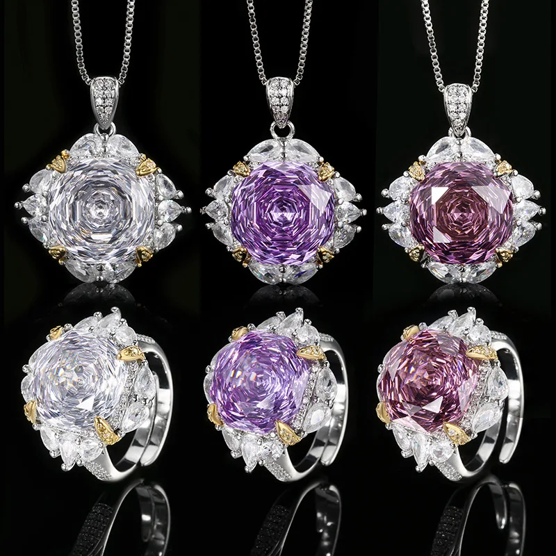 Rose Cut 14mm High Quality Zircon White Gold Plated Luxury Jewelry Set Stackable Wedding Anniversary Trendy