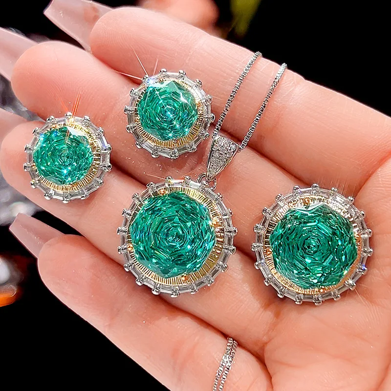 High Quality Zircon Millennium Cut 14-10mm round Jewelry Set White Gold Plated Retro Trendy Para Green