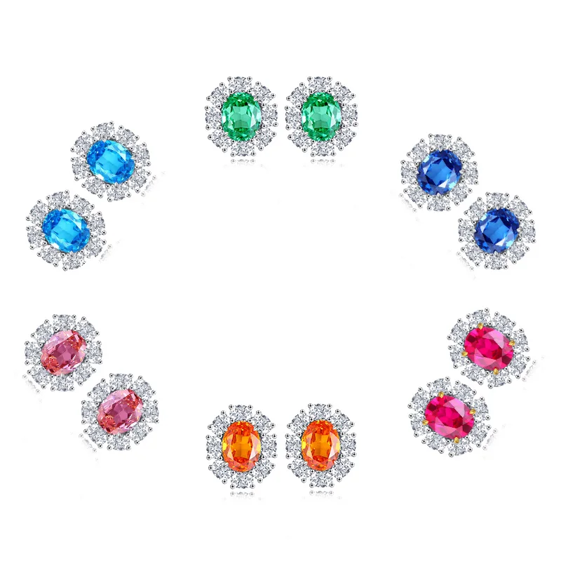 S925 Sterling Silver Earring Stud For Women's Sapphire Pink High Carbon Diamond Jewelry Round  Ruby Emerald Gemstone Charm Party
