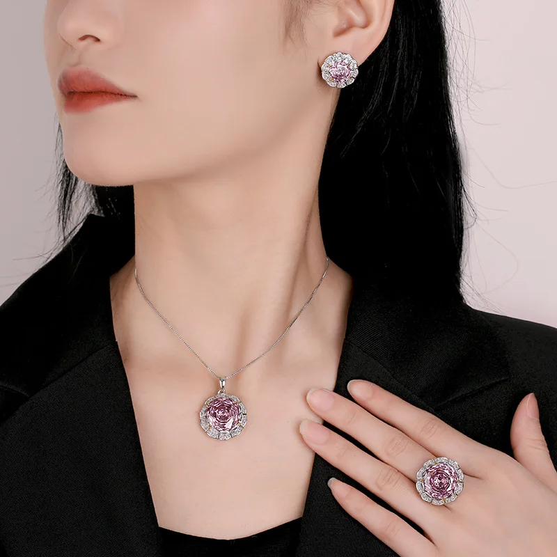 Rose Cut 16-10mm High Quality Zircon Dried Rose White Gold Plated Luxury Jewelry Set Party Gift Fashion Trendy