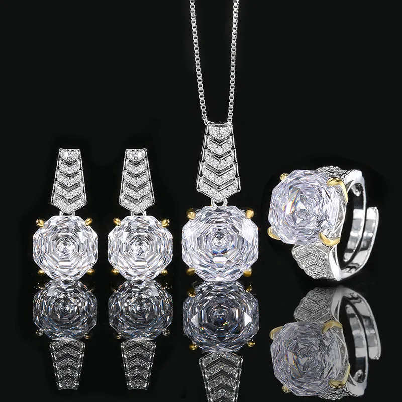 Rose Cut 14-12mm High Quality Zircon White Diamond White Gold Plated Jewelry Set Stackable Daily Trendy