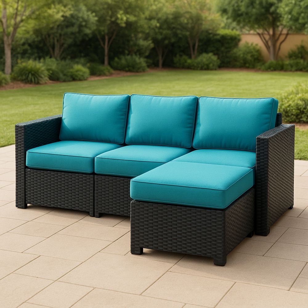 Zestaw mebli ogrodowych z polirattanu z turkusowymi poduszkami
