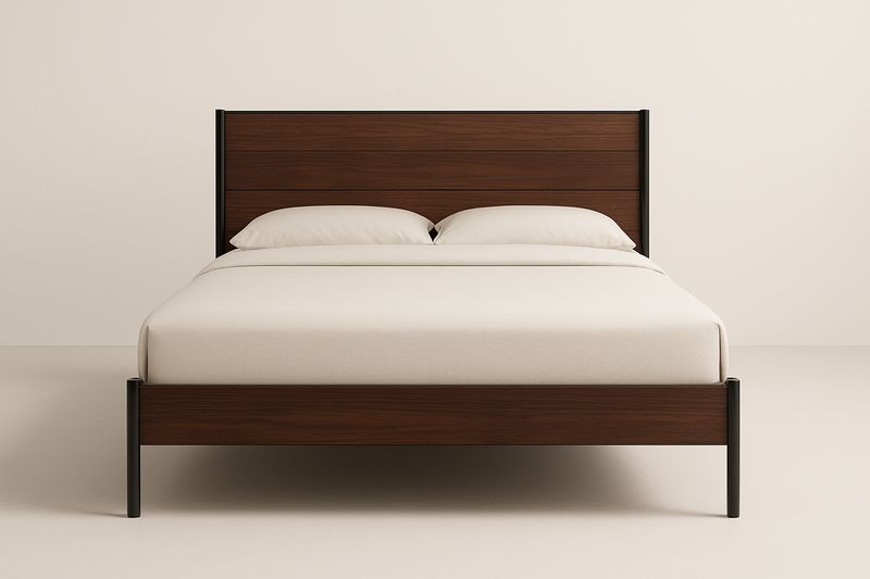 Łóżko podwójne 140×200 cm brązowo-czarne, stalowa rama z elementami MDF, wysokie zagłowie, maks. nośność 250 kg, montaż samodzielny