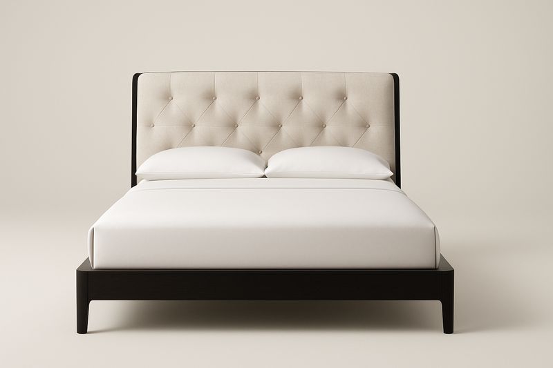 Łóżko tapicerowane 160×200 cm beżowe wezgłowie, rama z litego drewna, tapicerka lniana, pianka poliuretanowa