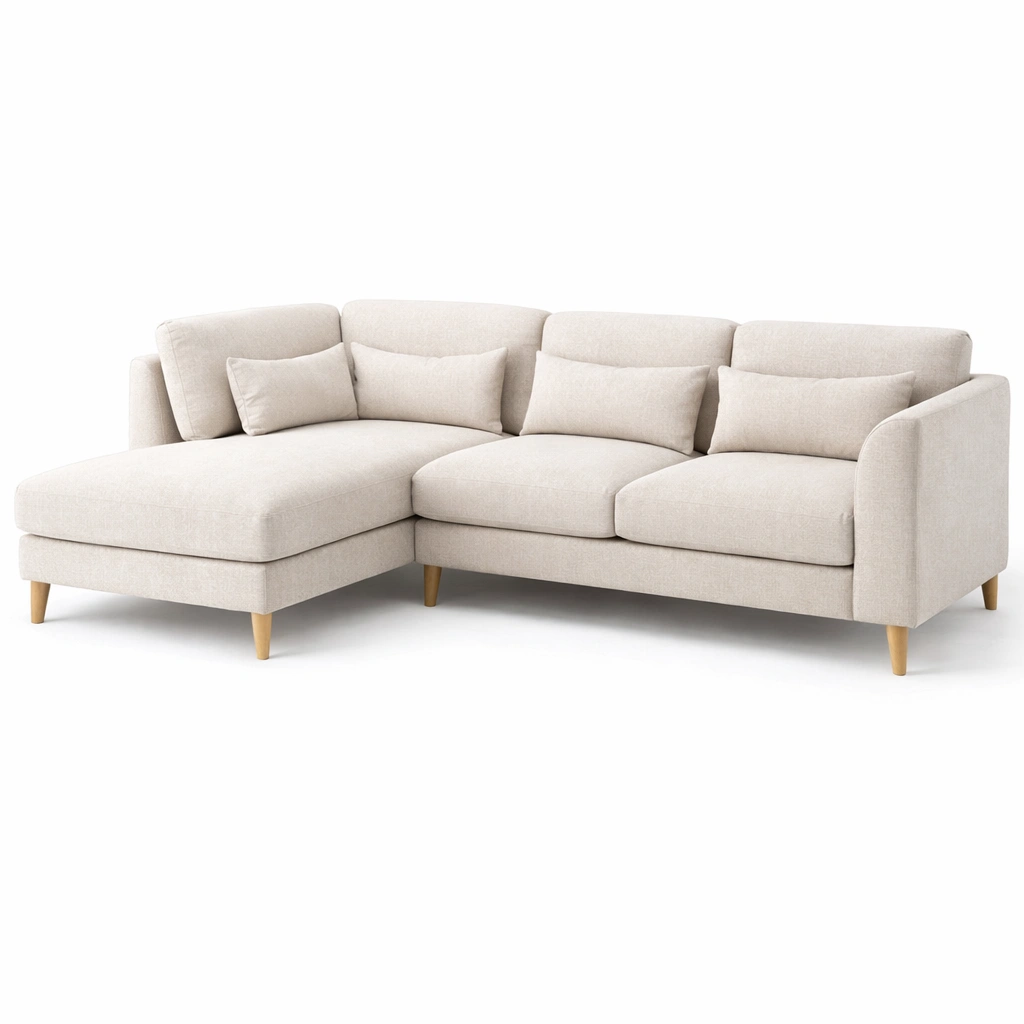Canap angle tissu beige pieds bois-drovalen