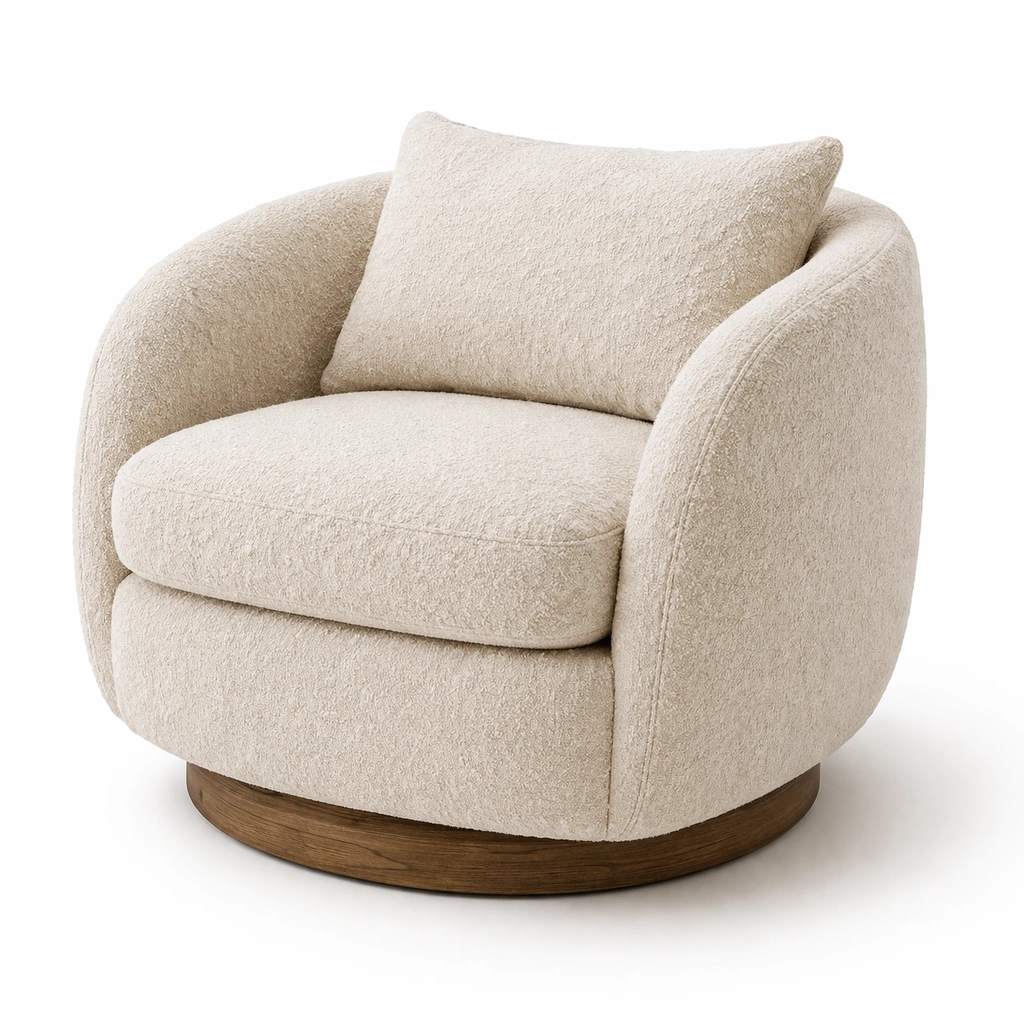 Fauteuil boucl blanc base ronde bois-drovalen