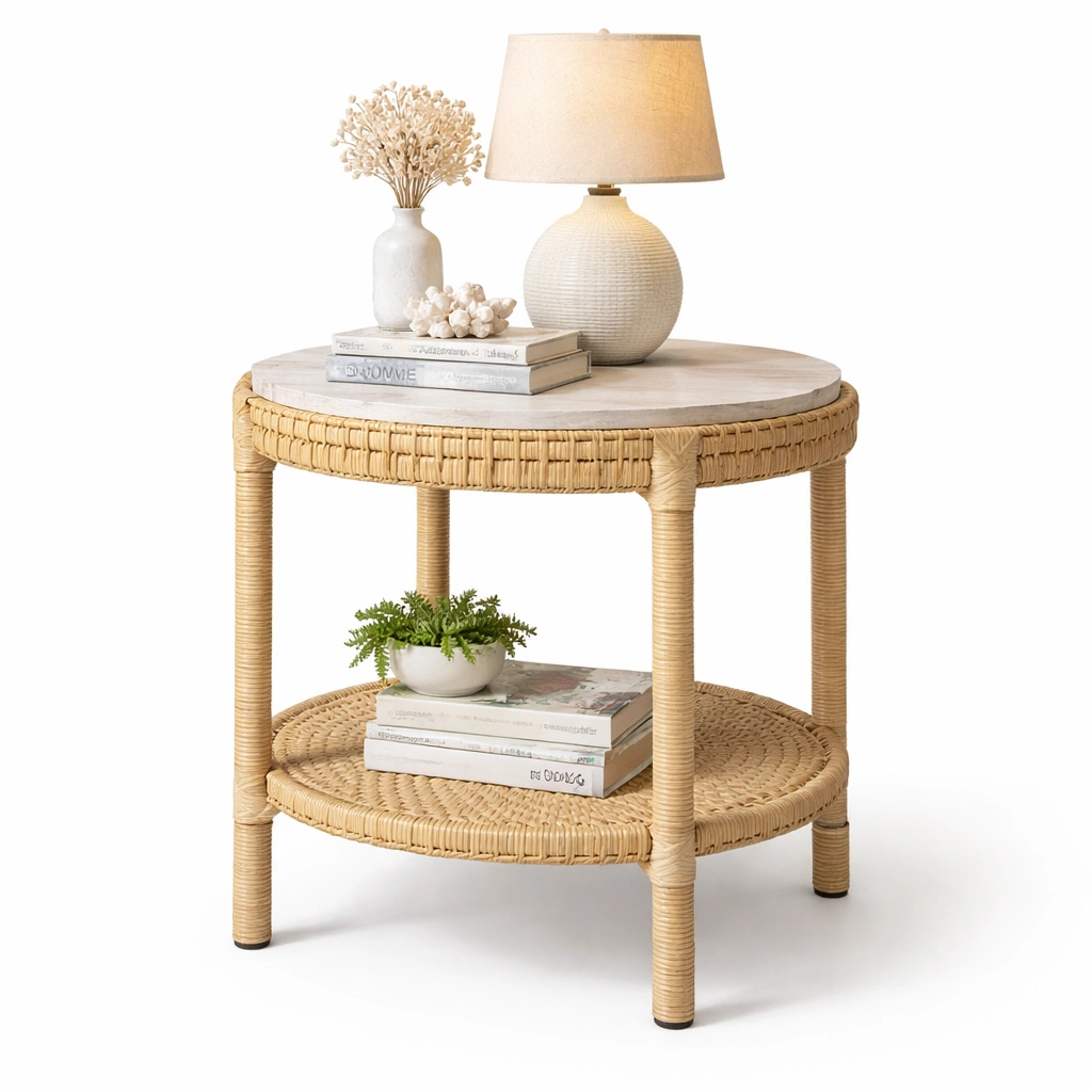 Table ronde rotin plateau pierre claire-drovalen