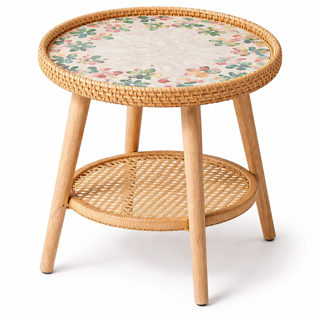 Table ronde rotin plateau motif floral-drovalen
