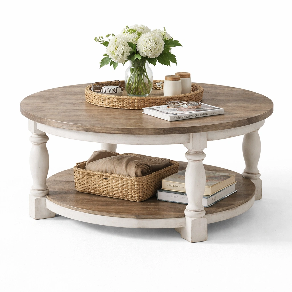Table basse ronde bois blanc patin-drovalen