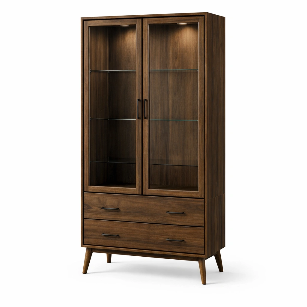 Vitrine bois noyer double porte verre tiroirs-drovalen