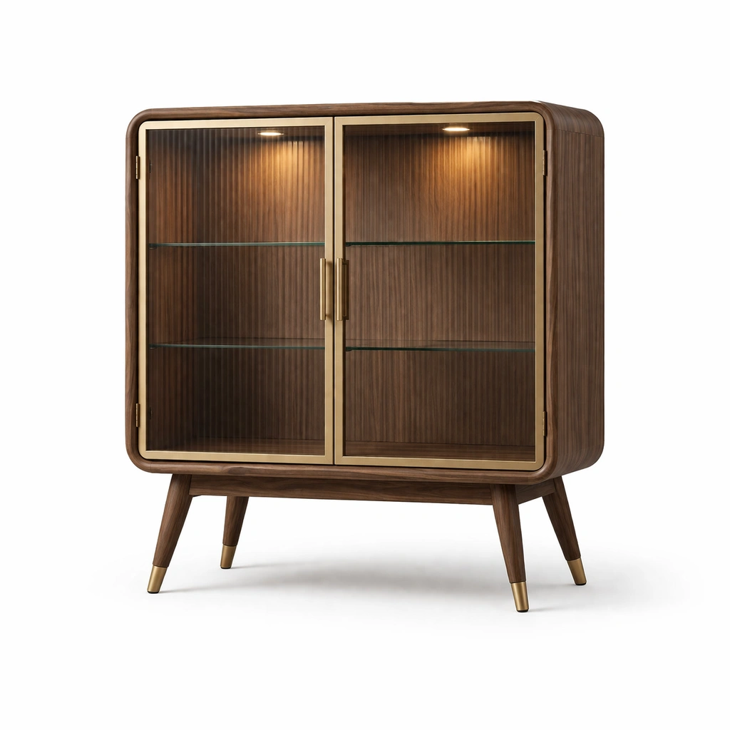 Vitrine bois noyer cadre dor portes verre rainur-drovalen