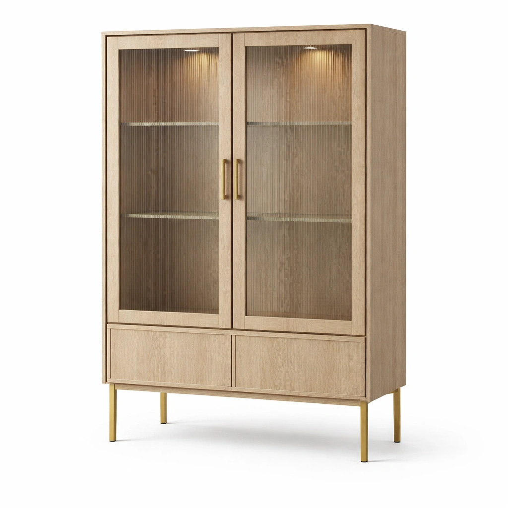 Vitrine bois clair portes verre textur pieds mtal-drovalen