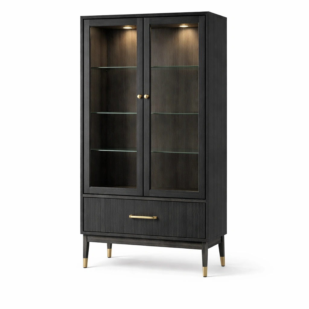 Vitrine bois fonc double porte verre tiroir bas-drovalen