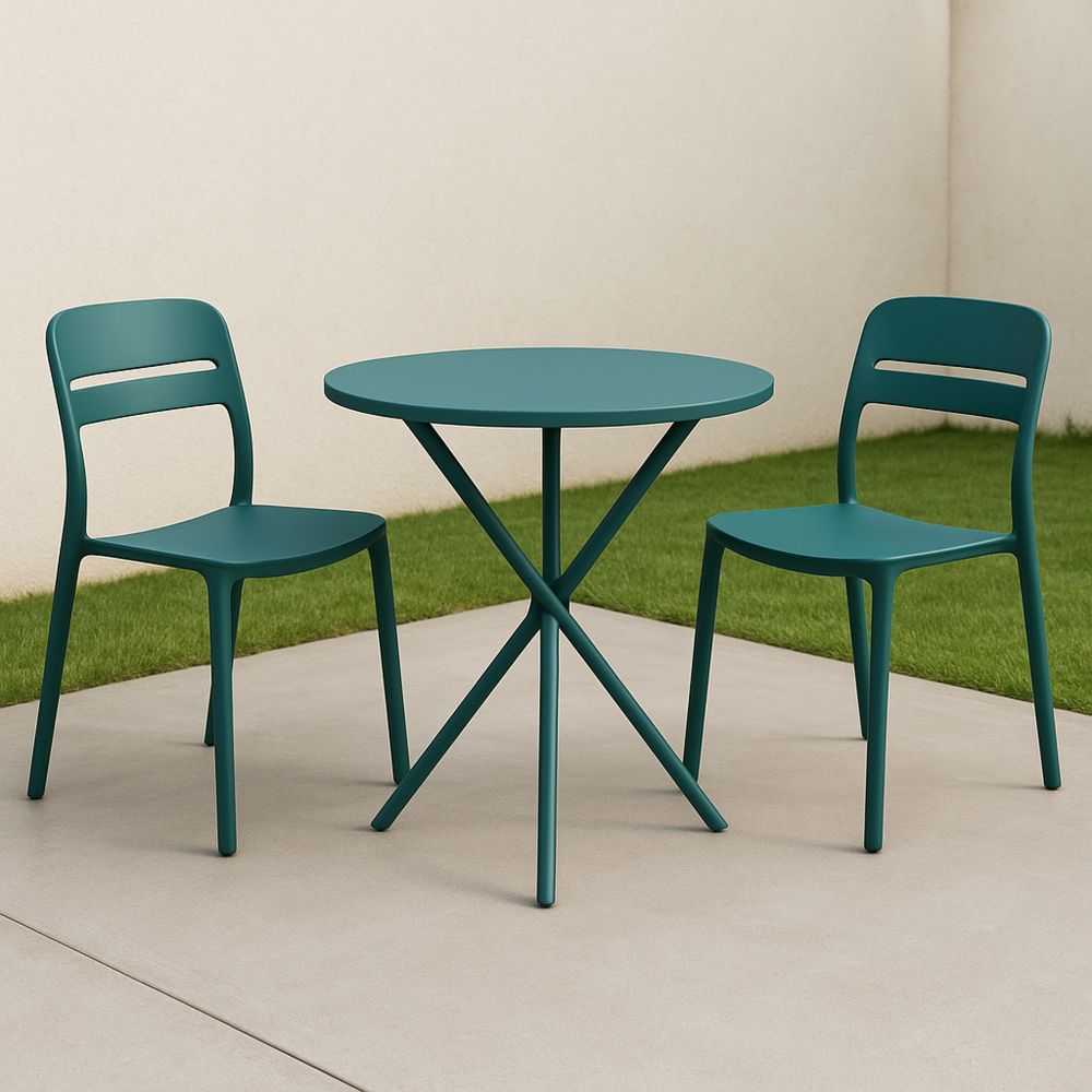 Zestaw mebli ogrodowych stół okrągły metalowy turkusowy z dwoma krzesłami