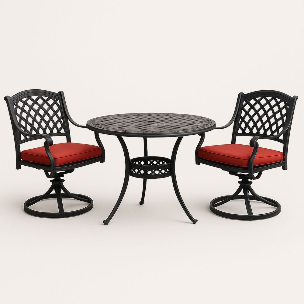 Zestaw mebli ogrodowych z aluminium z okrągłym stołem czarny i czerwone poduszki