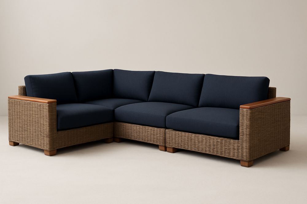 Narożna sofa z technorattanu z poduszkami z poliestru, niebieska, długość 250 cm