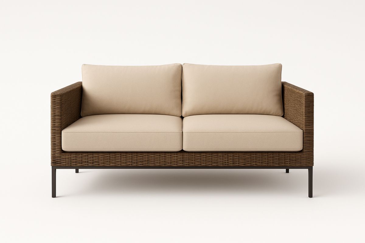 Dwuosobowa sofa z technorattanu z aluminiowymi nogami, beżowa