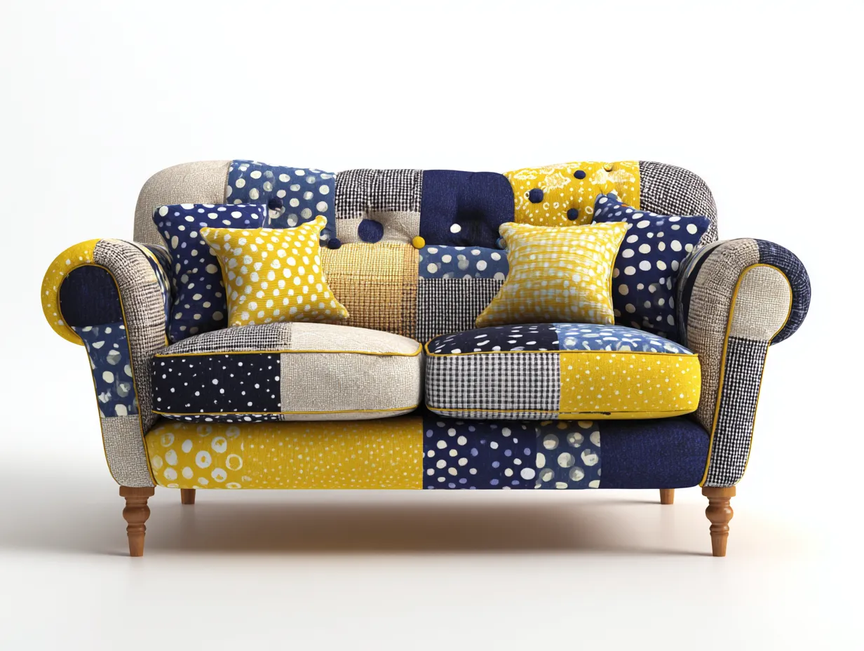 Sofás 2 plazas tapizado en tela patchwork 155x85x88 cm - azul y amarillo - diseño decorativo para salón-Loftmypad