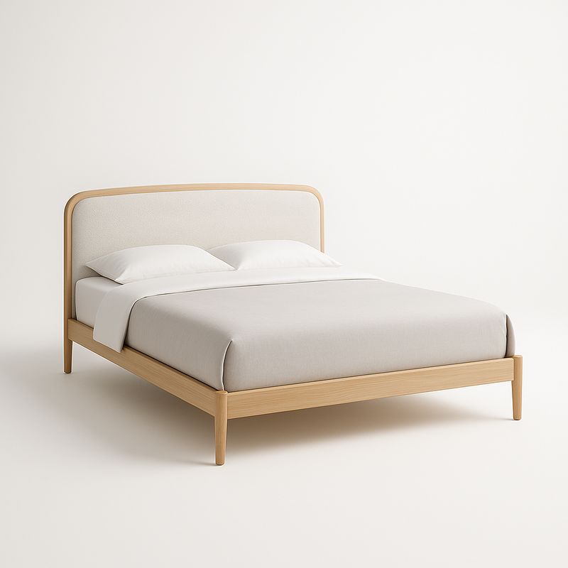 Łóżko drewniane z tapicerowanym wezgłowiem 160x200 cm bukowe beżowe