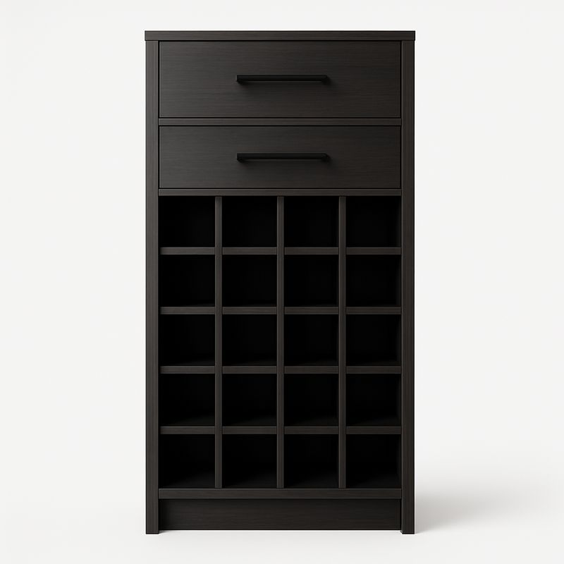 Stojak na wino drewniany z szufladami ciemnobrązowy 20 przegródki