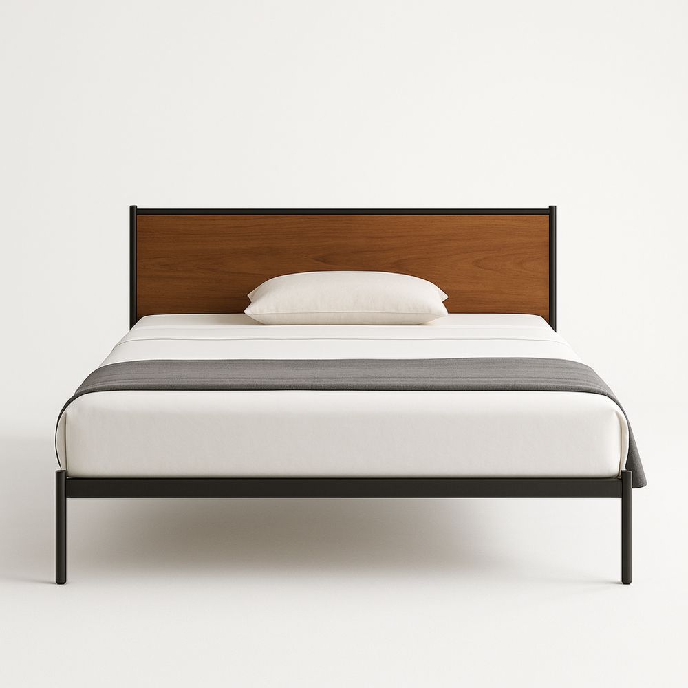 Łóżko metalowe z drewnianym zagłówkiem Czarny/Brązowy 200x160 cm Stal/Drewno