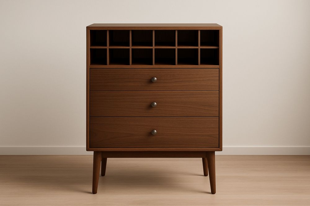 Komoda z drewna z szufladami i półkami z miejscem na butelki